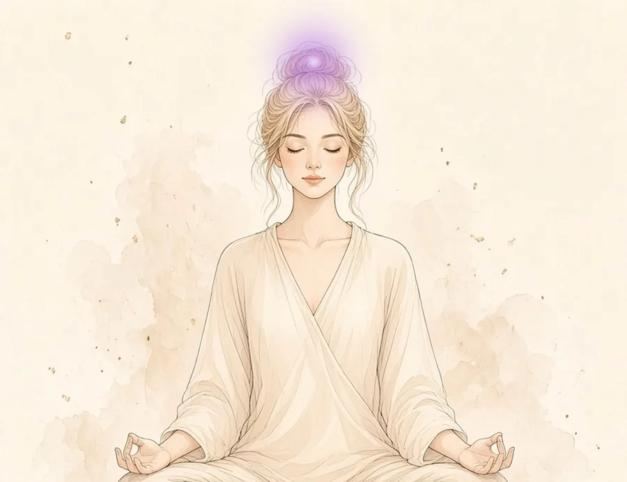 Watercolor illustration of a woman seated in meditation in a cream wrap, with a soft violet glow at the crown of the head, marking the Crown chakra.