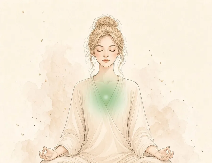 Watercolor illustration of a woman seated in meditation in a cream wrap, with a soft soft green glow at the center of the chest, marking the Heart chakra.