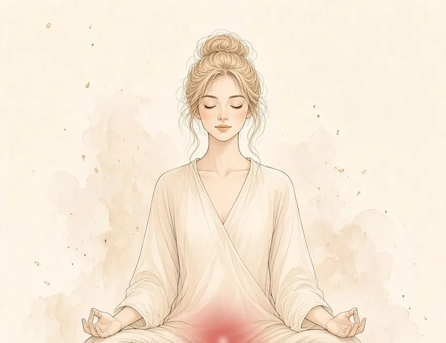Watercolor illustration of a woman seated in meditation in a cream wrap, with a soft deep red glow at the base of the spine, marking the Root chakra.