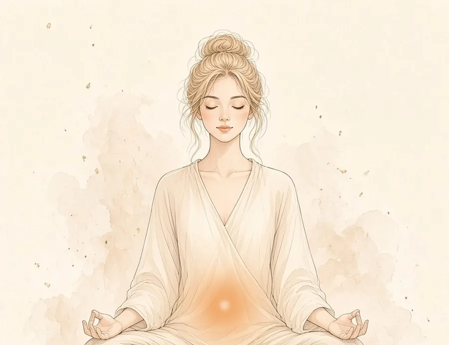 Watercolor illustration of a woman seated in meditation in a cream wrap, with a soft orange glow at the lower belly, marking the Sacral chakra.