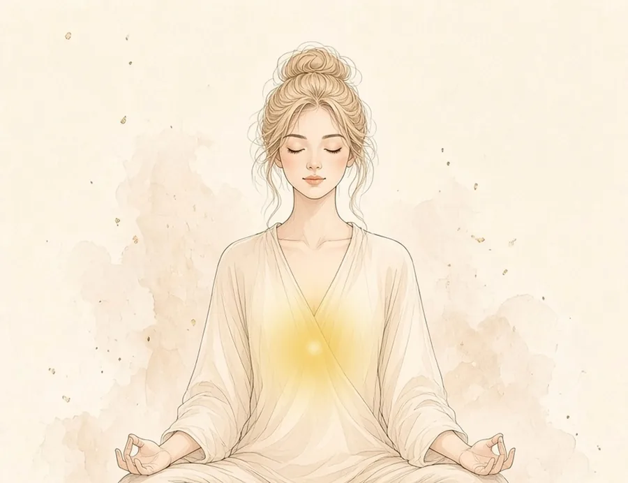 Watercolor illustration of a woman seated in meditation in a cream wrap, with a soft lemon-gold glow at the upper belly, marking the Solar Plexus chakra.