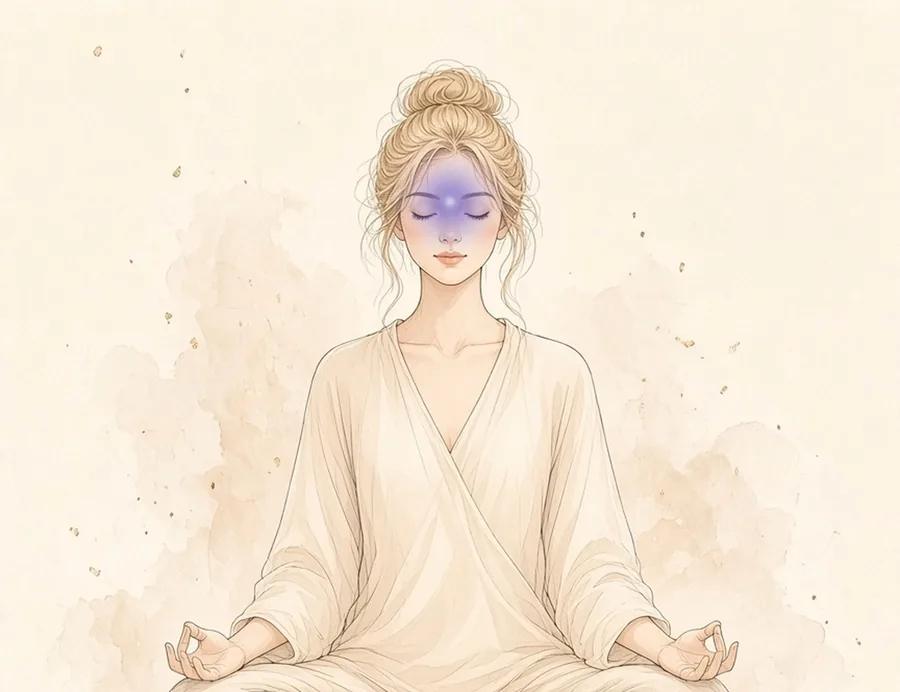 Watercolor illustration of a woman seated in meditation in a cream wrap, with a soft indigo glow at between the brows, marking the Third Eye chakra.
