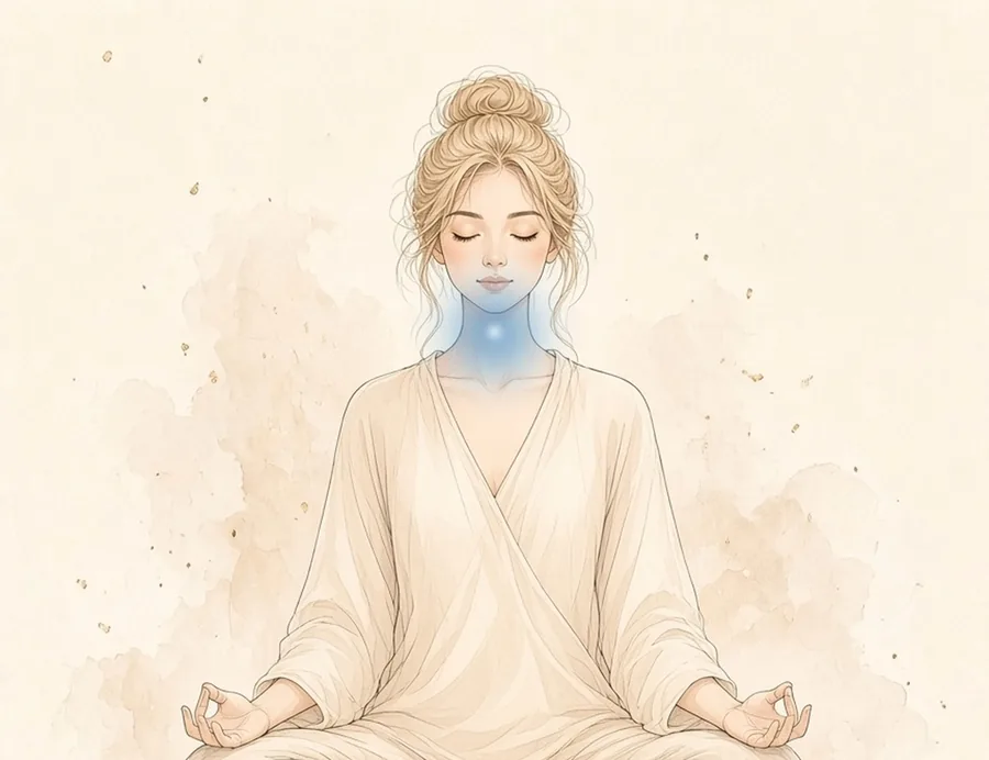 Watercolor illustration of a woman seated in meditation in a cream wrap, with a soft blue glow at the throat, marking the Throat chakra.