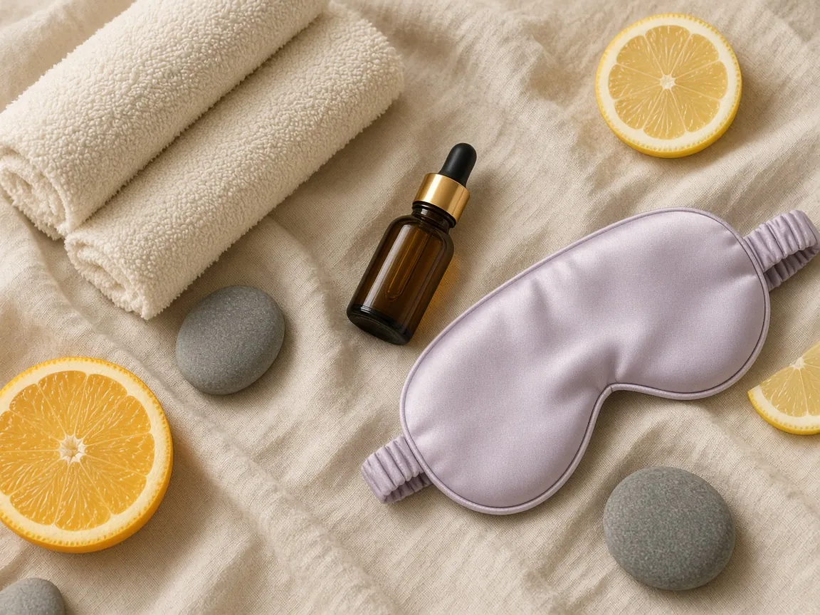 Rolled white towels, an amber essential oil bottle, a lavender silk eye mask, orange slices, and smooth stones on soft linen.