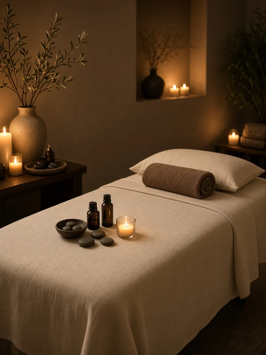 A softly candlelit treatment room with a linen-dressed massage table, a rolled towel, essential oils, and smooth stones.