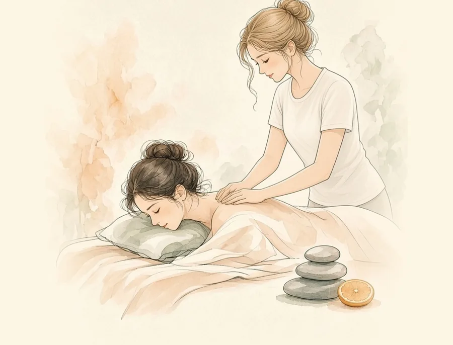Watercolor illustration of a therapist giving a gentle shoulder massage to a resting woman, with stacked stones and an orange slice beside the table.